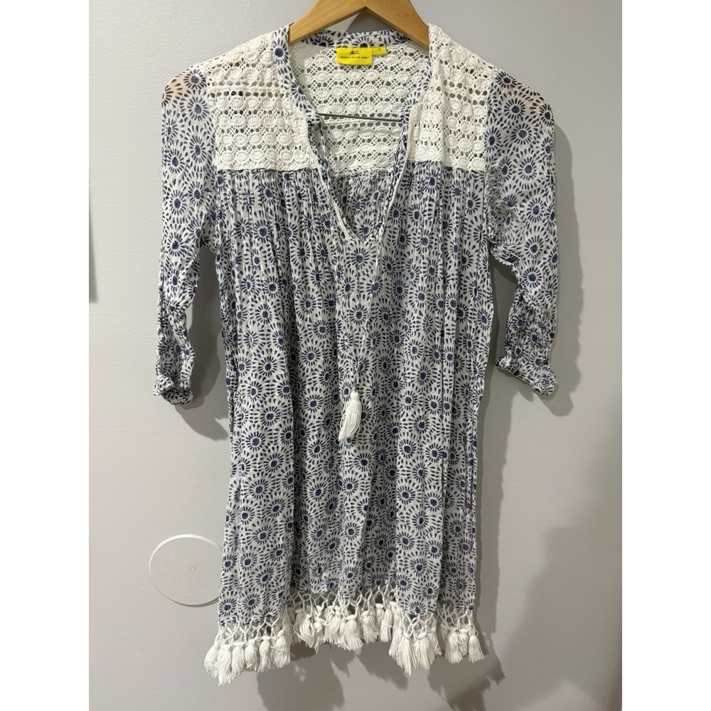 Roberta Roller Rabbit Tunic Top Sz S Blue White Crochet Lace Tassel Fringe READ